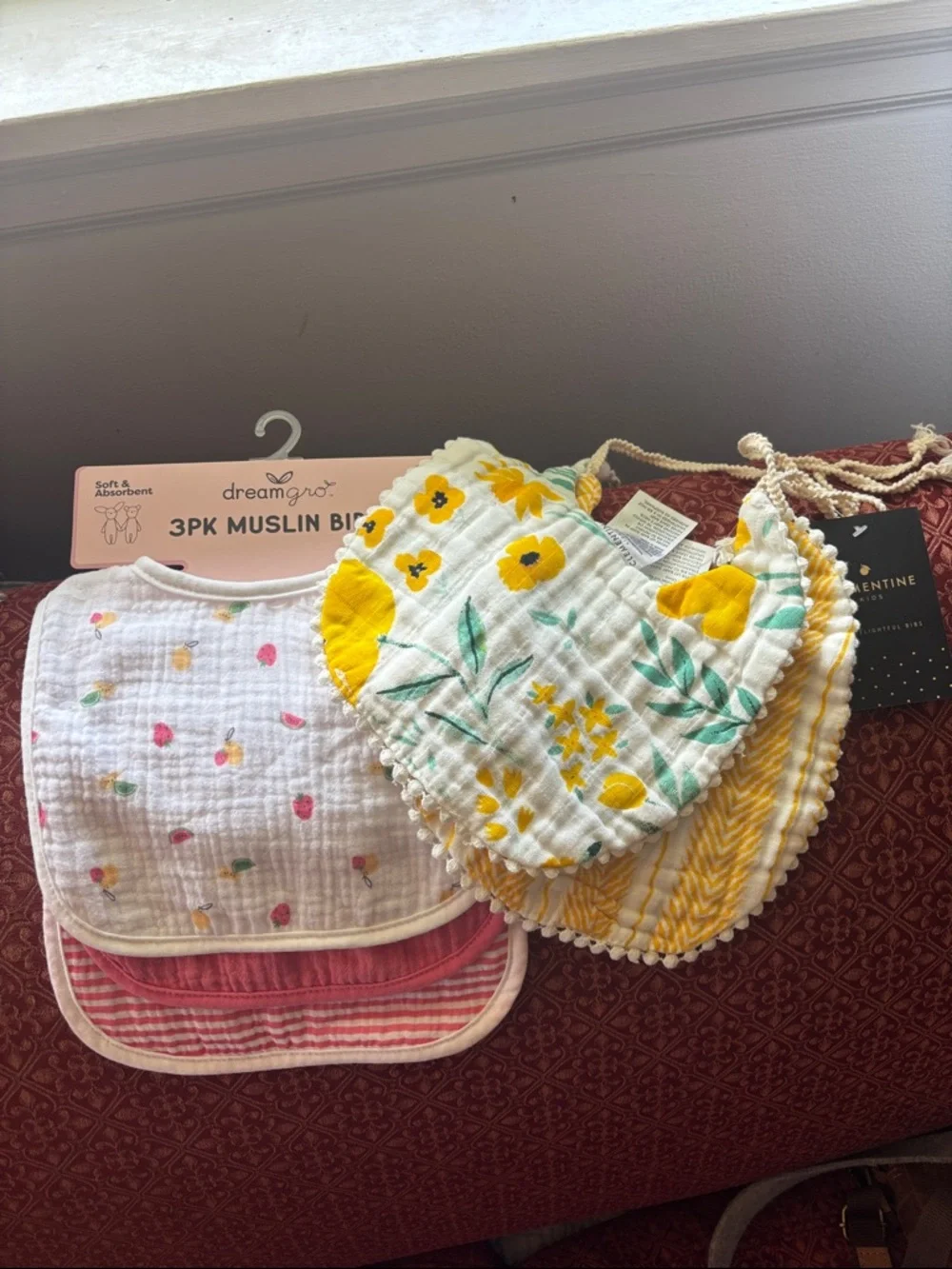 100% Muslin Cotton Bibs - Yellow & Pink Floral and Stripe baby girl NWT